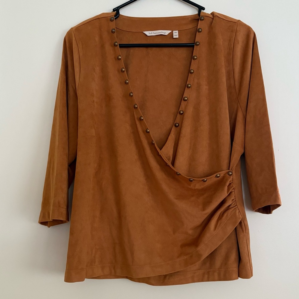 Soft Surroundings PXL Tan Top Shirt Faux Suede Studded Wrap 3/4 Sleeve V-Neck